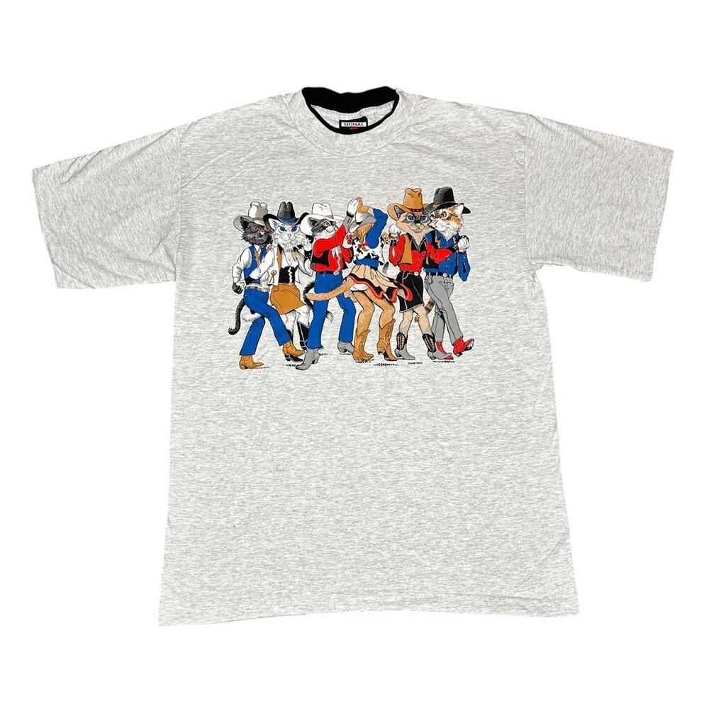 Vintage 90s Cowboy Cats Rodeo Dancing Double Sided T-Shirt